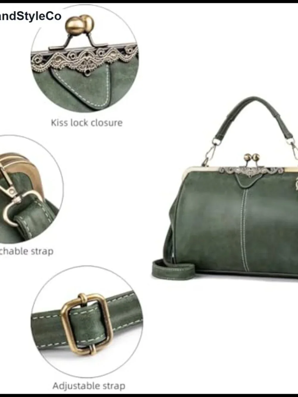 Vegan Leather Satchel Handbag with Kiss Lock, Top Handle & Crossbody Strap